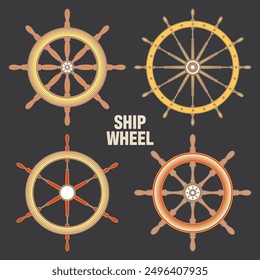 Wooden vintage steering wheels. Ship, sailboat or yacht retro wheel symbol. Colorful nautical rudder icon. Marine logotype design element. Vector illustration