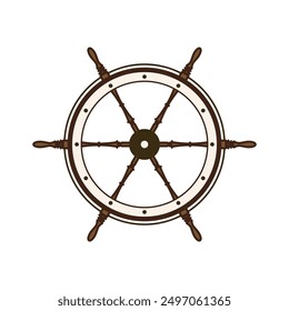 Wooden vintage steering wheels. Ship, sailboat or yacht retro wheel symbol. Nautical rudder icon. Marine logotype design element. Vector illustration