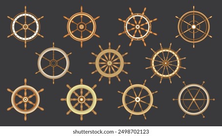 Wooden vintage steering wheels. Ship, sailboat or yacht retro wheel symbol. Brown nautical rudder icon. Marine logotype design element. Vector illustration