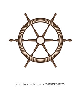 Wooden vintage steering wheels. Ship, sailboat or yacht retro wheel symbol. Nautical rudder icon. Marine logotype design element. Vector illustration