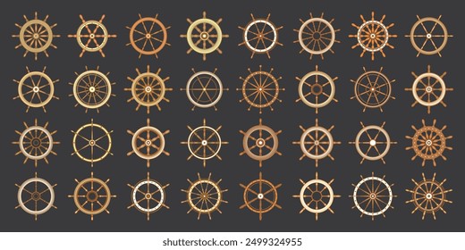 Wooden vintage steering wheels. Ship, sailboat or yacht retro wheel symbol. Brown nautical rudder icon. Marine logotype design element. Vector illustration