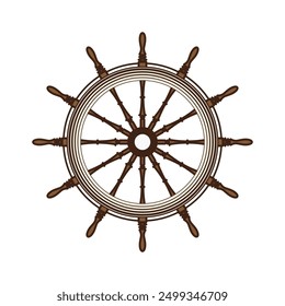 Wooden vintage steering wheels. Ship, sailboat or yacht retro wheel symbol. Nautical rudder icon. Marine logotype design element. Vector illustration