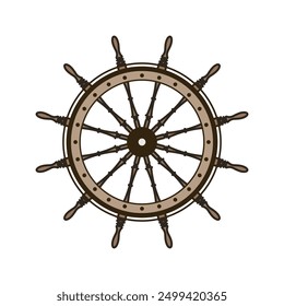 Wooden vintage steering wheels. Ship, sailboat or yacht retro wheel symbol. Nautical rudder icon. Marine logotype design element. Vector illustration