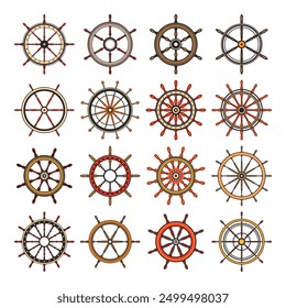 Wooden vintage steering wheels. Ship, sailboat or yacht retro wheel symbol. Colorful nautical rudder icon. Marine logotype design element. Vector illustration