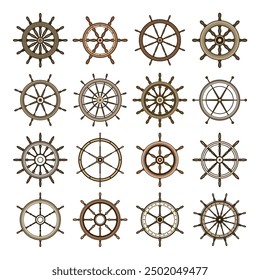 Wooden vintage steering wheels. Ship, sailboat or yacht retro wheel symbol. Brown nautical rudder icon. Marine logotype design element. Vector illustration