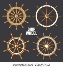 Wooden vintage steering wheels. Ship, sailboat or yacht retro wheel symbol. Brown nautical rudder icon. Marine logotype design element. Vector illustration