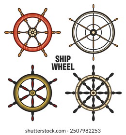 Wooden vintage steering wheels. Ship, sailboat or yacht retro wheel symbol. Colorful nautical rudder icon. Marine logotype design element. Vector illustration