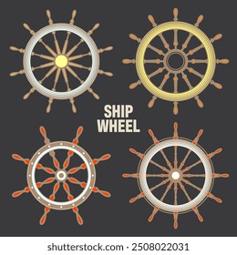 Wooden vintage steering wheels. Ship, sailboat or yacht retro wheel symbol. Colorful nautical rudder icon. Marine logotype design element. Vector illustration