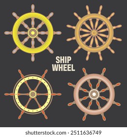 Wooden vintage steering wheels. Ship, sailboat or yacht retro wheel symbol. Colorful nautical rudder icon. Marine logotype design element. Vector illustration