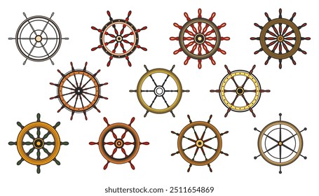 Wooden vintage steering wheels. Ship, sailboat or yacht retro wheel symbol. Colorful nautical rudder icon. Marine logotype design element. Vector illustration