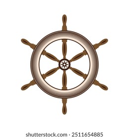 Wooden vintage steering wheels. Ship, sailboat or yacht retro wheel symbol. Nautical rudder icon. Marine logotype design element. Vector illustration