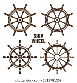 Wooden vintage steering wheels. Ship, sailboat or yacht retro wheel symbol. Brown nautical rudder icon. Marine logotype design element. Vector illustration