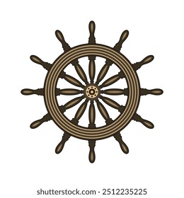 Wooden vintage steering wheels. Ship, sailboat or yacht retro wheel symbol. Nautical rudder icon. Marine logotype design element. Vector illustration