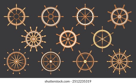 Wooden vintage steering wheels. Ship, sailboat or yacht retro wheel symbol. Brown nautical rudder icon. Marine logotype design element. Vector illustration