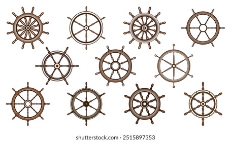 Wooden vintage steering wheels. Ship, sailboat or yacht retro wheel symbol. Brown nautical rudder icon. Marine logotype design element. Vector illustration