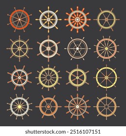 Wooden vintage steering wheels. Ship, sailboat or yacht retro wheel symbol. Colorful nautical rudder icon. Marine logotype design element. Vector illustration