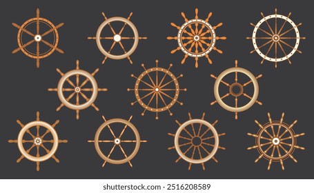 Wooden vintage steering wheels. Ship, sailboat or yacht retro wheel symbol. Brown nautical rudder icon. Marine logotype design element. Vector illustration