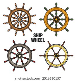 Wooden vintage steering wheels. Ship, sailboat or yacht retro wheel symbol. Colorful nautical rudder icon. Marine logotype design element. Vector illustration