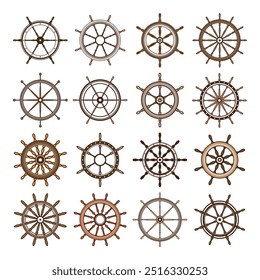 Wooden vintage steering wheels. Ship, sailboat or yacht retro wheel symbol. Brown nautical rudder icon. Marine logotype design element. Vector illustration