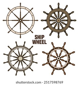 Wooden vintage steering wheels. Ship, sailboat or yacht retro wheel symbol. Brown nautical rudder icon. Marine logotype design element. Vector illustration