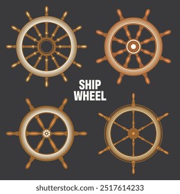 Wooden vintage steering wheels. Ship, sailboat or yacht retro wheel symbol. Brown nautical rudder icon. Marine logotype design element. Vector illustration