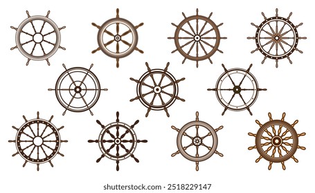 Wooden vintage steering wheels. Ship, sailboat or yacht retro wheel symbol. Brown nautical rudder icon. Marine logotype design element. Vector illustration