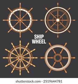 Wooden vintage steering wheels. Ship, sailboat or yacht retro wheel symbol. Brown nautical rudder icon. Marine logotype design element. Vector illustration