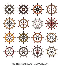 Wooden vintage steering wheels. Ship, sailboat or yacht retro wheel symbol. Colorful nautical rudder icon. Marine logotype design element. Vector illustration