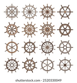 Wooden vintage steering wheels. Ship, sailboat or yacht retro wheel symbol. Brown nautical rudder icon. Marine logotype design element. Vector illustration