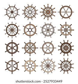 Wooden vintage steering wheels. Ship, sailboat or yacht retro wheel symbol. Brown nautical rudder icon. Marine logotype design element. Vector illustration