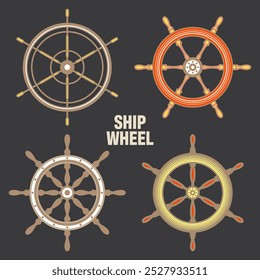 Wooden vintage steering wheels. Ship, sailboat or yacht retro wheel symbol. Colorful nautical rudder icon. Marine logotype design element. Vector illustration