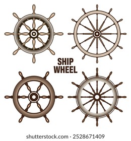 Wooden vintage steering wheels. Ship, sailboat or yacht retro wheel symbol. Brown nautical rudder icon. Marine logotype design element. Vector illustration