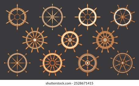 Wooden vintage steering wheels. Ship, sailboat or yacht retro wheel symbol. Brown nautical rudder icon. Marine logotype design element. Vector illustration