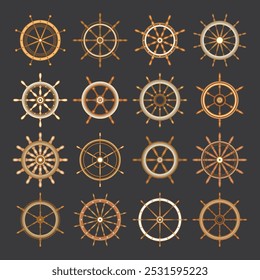 Wooden vintage steering wheels. Ship, sailboat or yacht retro wheel symbol. Brown nautical rudder icon. Marine logotype design element. Vector illustration