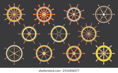 Wooden vintage steering wheels. Ship, sailboat or yacht retro wheel symbol. Colorful nautical rudder icon. Marine logotype design element. Vector illustration