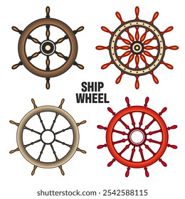 Wooden vintage steering wheels. Ship, sailboat or yacht retro wheel symbol. Colorful nautical rudder icon. Marine logotype design element. Vector illustration