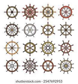 Wooden vintage steering wheels. Ship, sailboat or yacht retro wheel symbol. Colorful nautical rudder icon. Marine logotype design element. Vector illustration