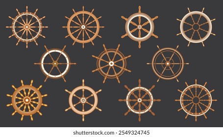 Wooden vintage steering wheels. Ship, sailboat or yacht retro wheel symbol. Brown nautical rudder icon. Marine logotype design element. Vector illustration