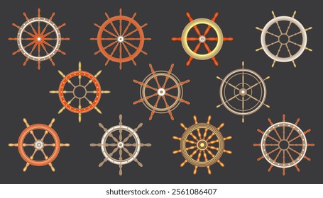 Wooden vintage steering wheels. Ship, sailboat or yacht retro wheel symbol. Colorful nautical rudder icon. Marine logotype design element. Vector illustration