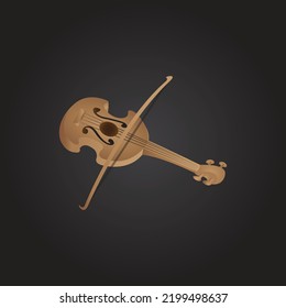 Wooden violin with bow, 3d realistic, vector illustration