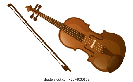 Wooden violin with bow on white background. Classical musical instrument with strings. Antique violin for orchestra at classical music concert. Bowed instrument.