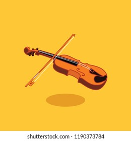 Wooden violin with bow vector flat design illustration