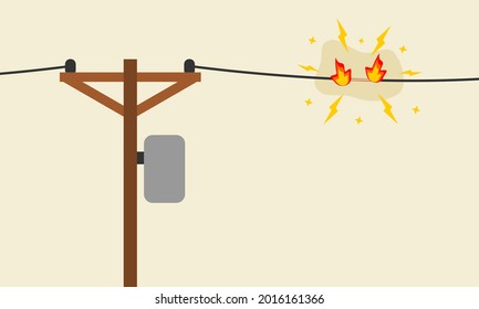 Cable eléctrico de tensión de madera y cable de transformador dañado y circuito corto con chispa de fuego en el espacio de copia de fondo marrón vector plano.