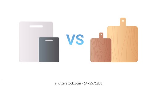Wooden vs plastic cutting kitchen board icon. Zero waste concept.