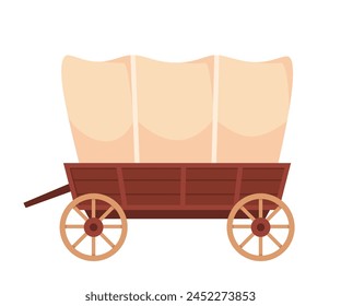 Holzwagen. Überdachter Zeltwagen, Landhandwerkliches Fahrzeug, alte Warenkorb- oder Westernkarre, Wildwestkutsche, Cowboy-Reise-Warenkorb, geniale Vektorillustration von Warenkorb für Westfarm