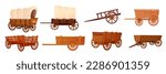 Wooden wagons. Covered tent wagon, farm handicraft vehicles old cartoon carts or western wheelbarrows, wild west carriage cowboy travel cart, ingenious vector illustration of cart for west farm