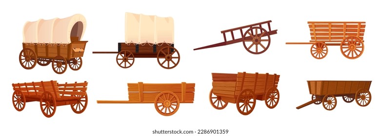 Wooden wagons. Covered tent wagon, farm handicraft vehicles old cartoon carts or western wheelbarrows, wild west carriage cowboy travel cart, ingenious vector illustration of cart for west farm svg