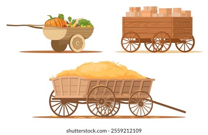 Wooden wagons with products. Retro cargo transportation. Farm loaded carts with harvest and hay. Rural wheelbarrows. Boxes of goods. Vegetables and wheat. Timber rustic