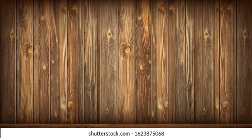 Wooden wall and baseboard with aged surface, realistic vector illustration. Vintage wall and floor made of darkened wood, realistic plank texture. Empty room interior background