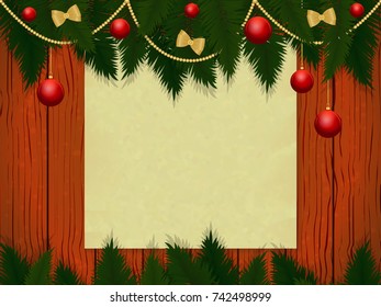 wooden wall with Christmas decor, fir branches, Christmas balls and bows, a blank for your text. vector illustration.